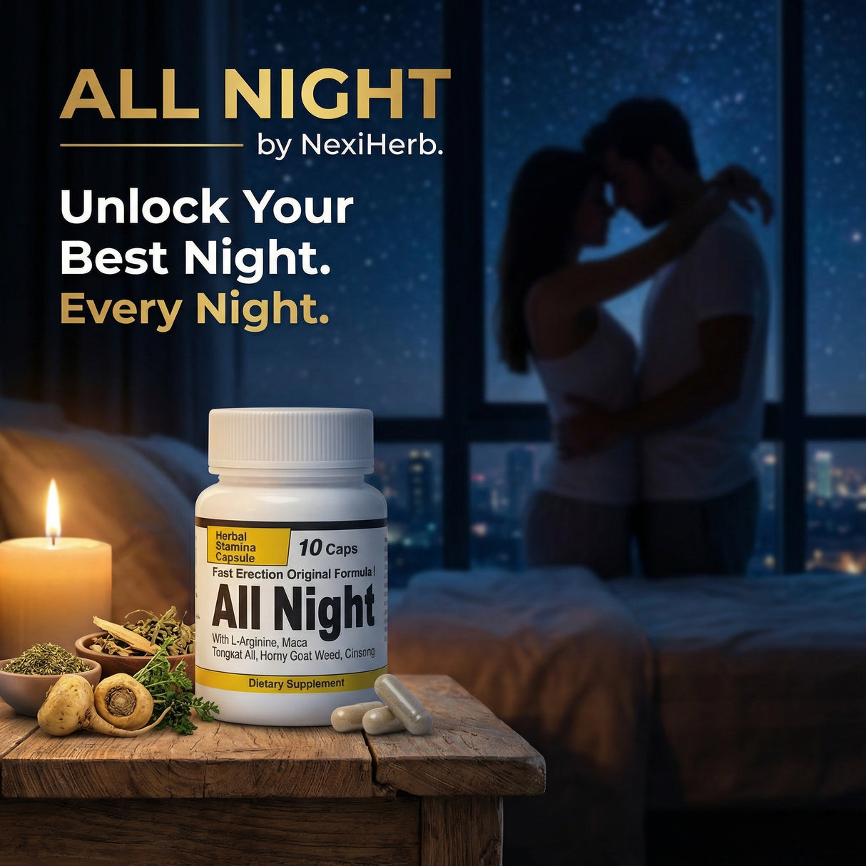 NexiHerb para toda la noche: fórmula herbal avanzada para la vitalidad masculina y el bienestar diario.
